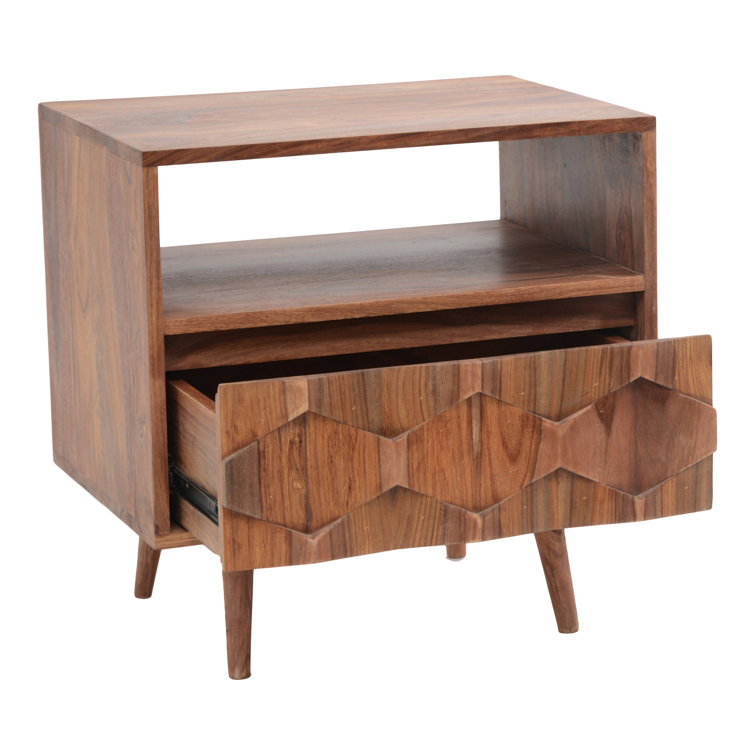 Mid-Century Sheesham Wood 22" Brown Nightstand with Drawer