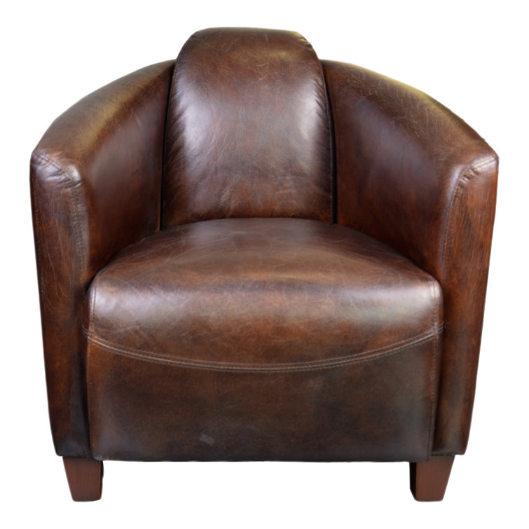 Transitional Distressed Brown Leather Accent Chair with Wood Frame