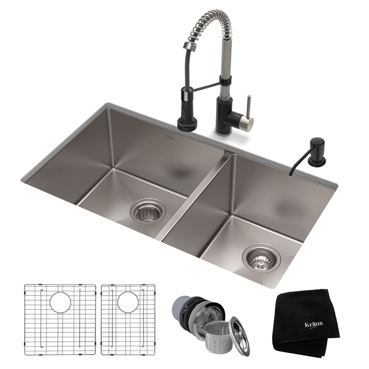 33" Matte Black Stainless Steel Double Basin Undermount Sink with Faucet