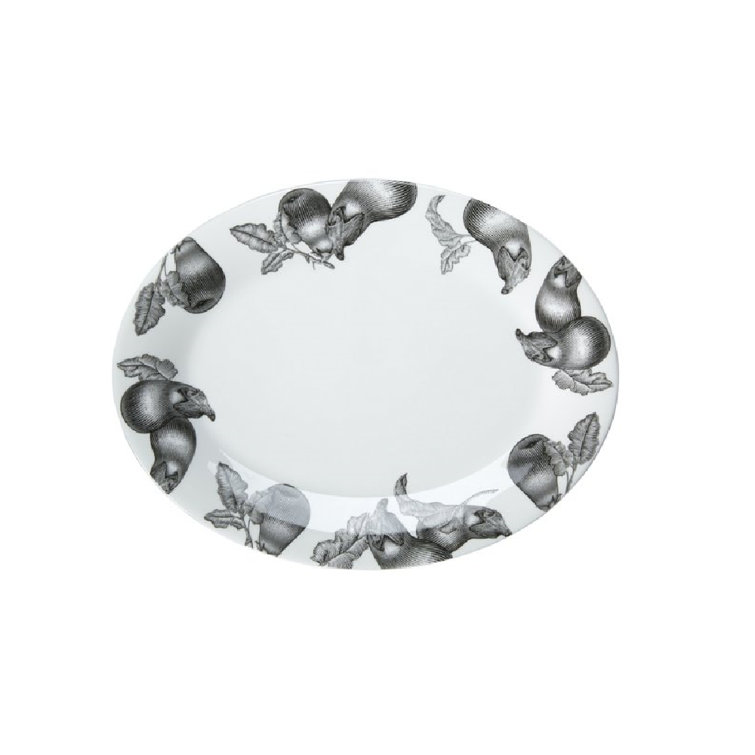 Elegant Oval Ceramic Serving Platter with Black Pen Imagery