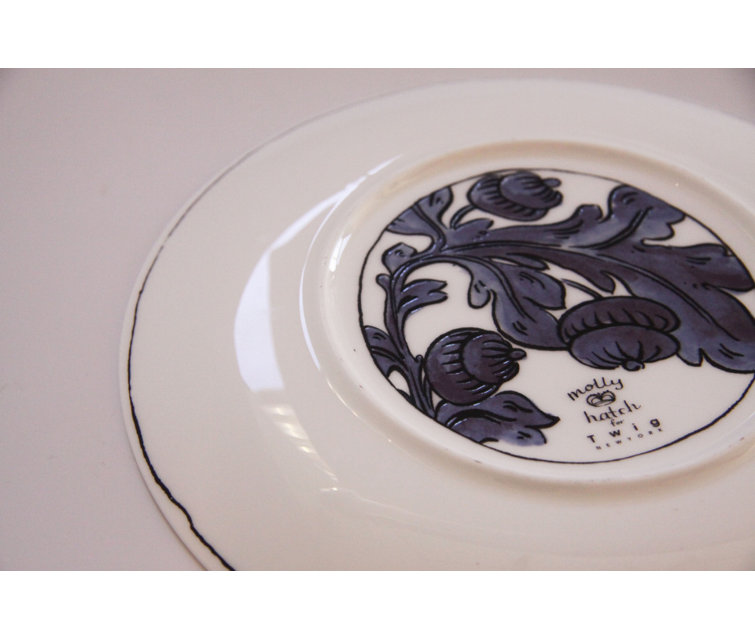 Blue Porcelain Round Dessert Plate with Floral Print
