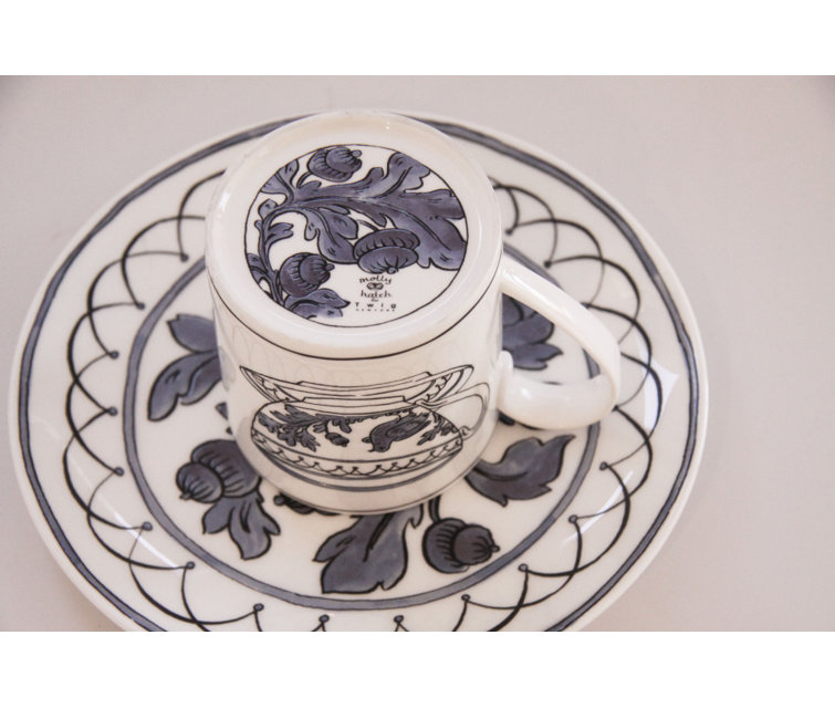 Blue Porcelain Round Dessert Plate with Floral Print
