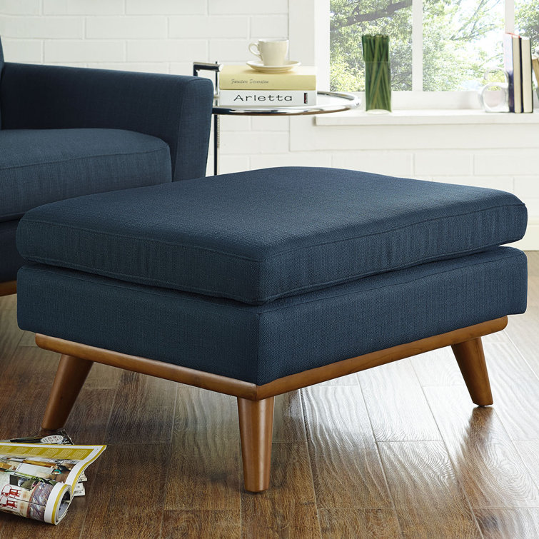 Mid-Century Azure Tufted Fabric Ottoman with Cherry Stained Rubberwood Frame