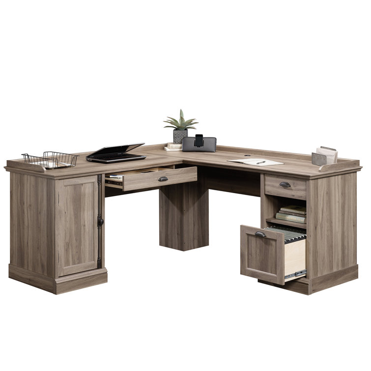 Salt Oak L-Shaped Executive Desk with Filing Cabinet
