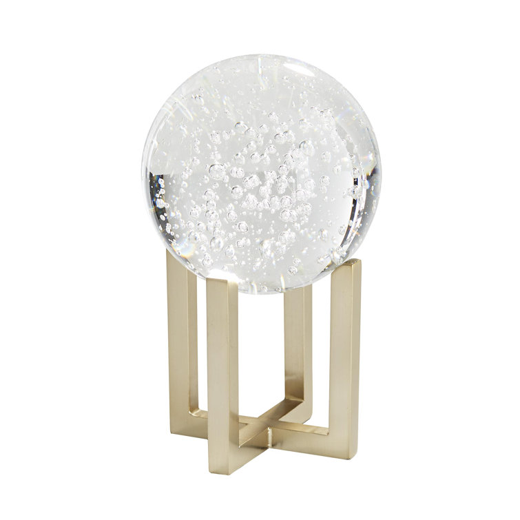 Graceful Trio Crystal Orb Sculptures with Antique Brass Pedestals