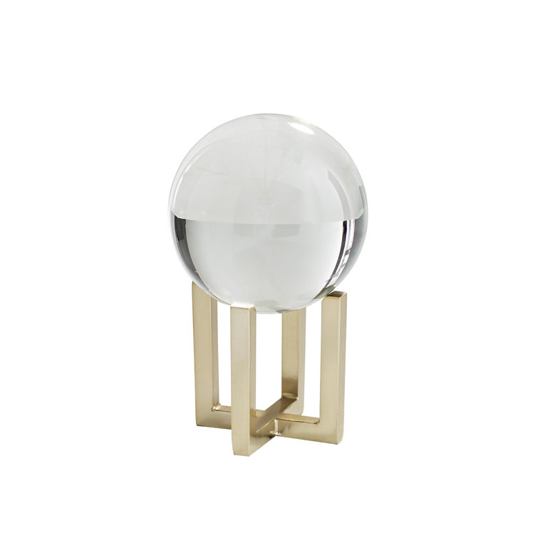 Graceful Trio Crystal Orb Sculptures with Antique Brass Pedestals