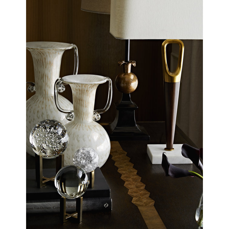 Graceful Trio Crystal Orb Sculptures with Antique Brass Pedestals