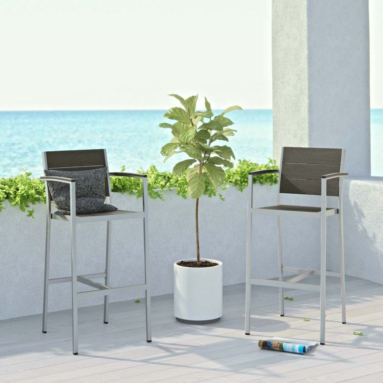 Shore Silver Gray Aluminum Outdoor Bar Stools with Wood Accents