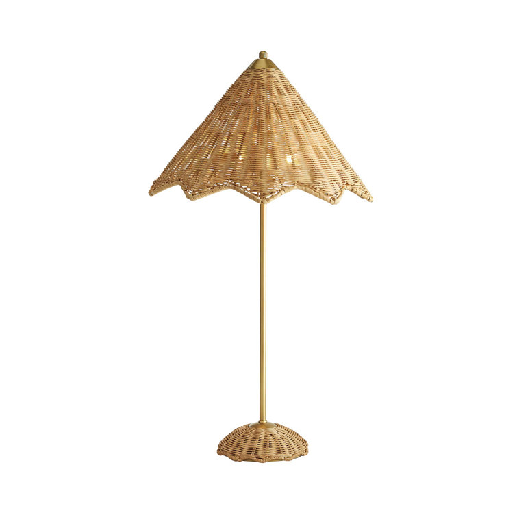 Antique Brass and Rattan Wicker Table Lamp, 28"