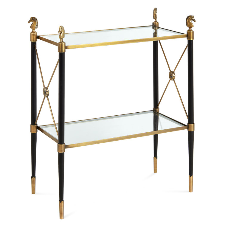 Black and Antique Brass Two-Tier Side Table with Glass Shelves