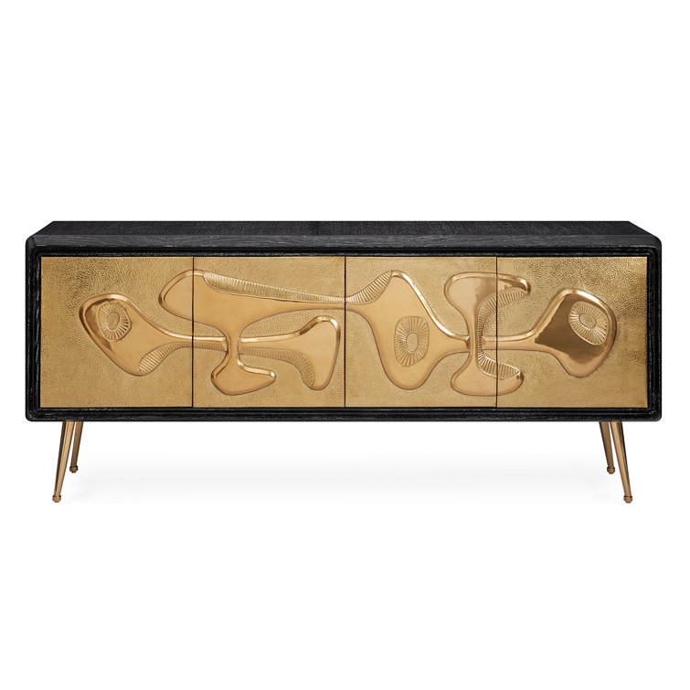 Brutalist Inspired Black and Brass Hand-Hammered Credenza