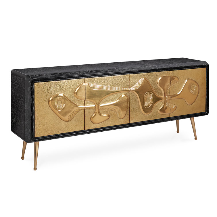 Brutalist Inspired Black and Brass Hand-Hammered Credenza