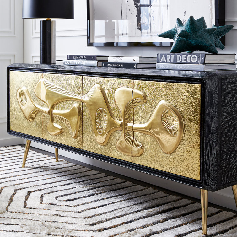 Brutalist Inspired Black and Brass Hand-Hammered Credenza