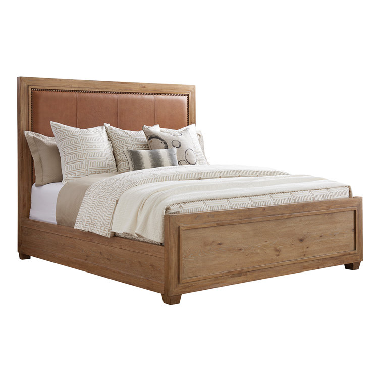 Transitional Queen Oak Upholstered Bed with Nailhead Trim