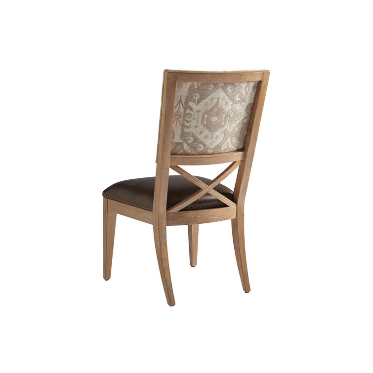 White Linen and Oak Cross Back Upholstered Side Chair