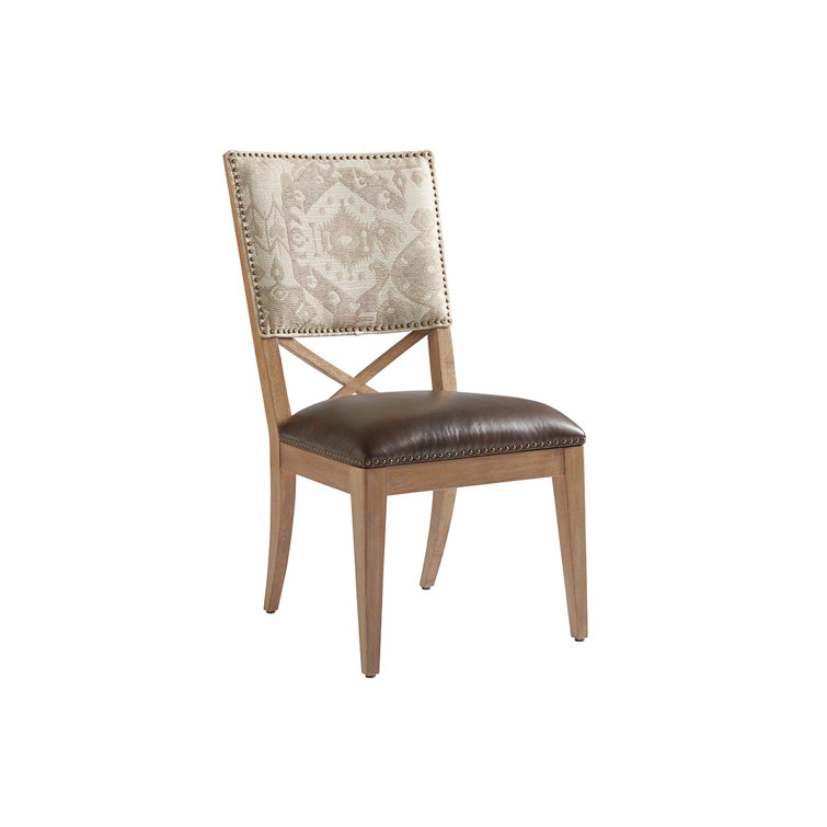 White Linen and Oak Cross Back Upholstered Side Chair