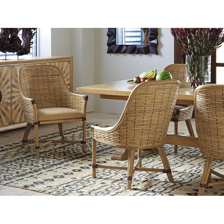 Golden Maize Leather-Strapped Rattan Side Chair with Upholstered Seat