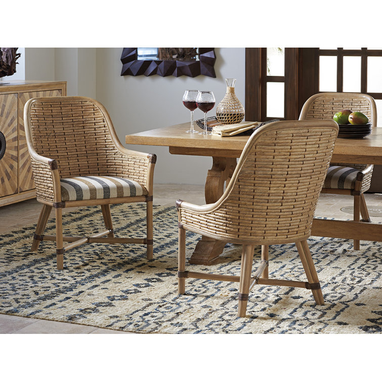Natural Rattan Arm Chair with Striped Seat