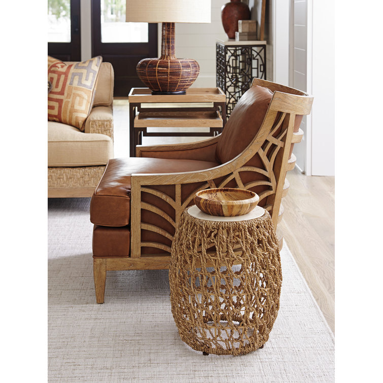 Beige Round Woven Wood and Stone Accent Table