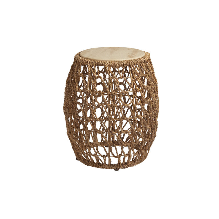 Beige Round Woven Wood and Stone Accent Table