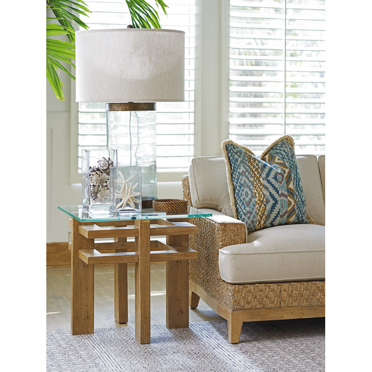 Transitional Beige Wood & Stone Square End Table with Ultra-Clear Glass Top