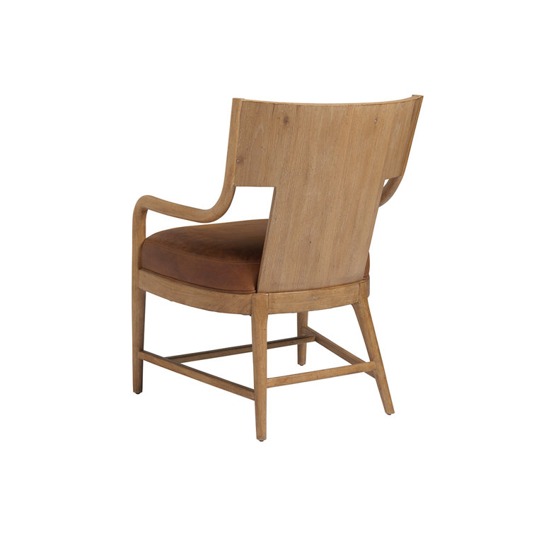 Transitional Brown Leather and Oak Accent Chair