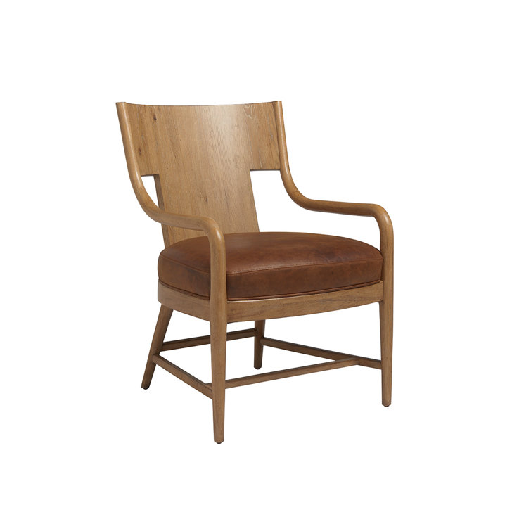 Transitional Brown Leather and Oak Accent Chair