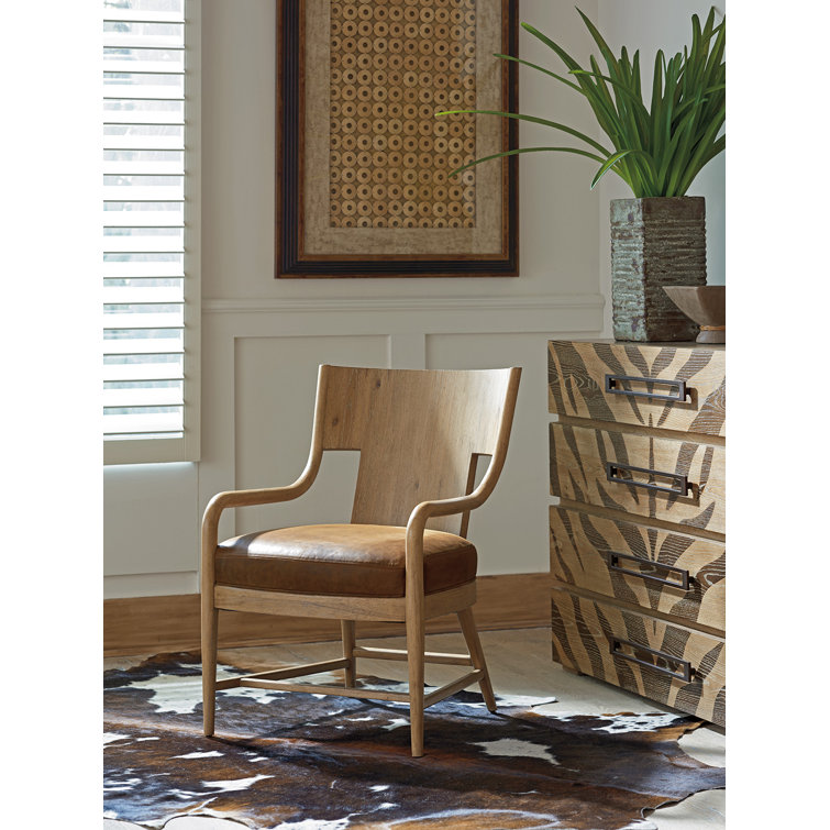 Transitional Brown Leather and Oak Accent Chair