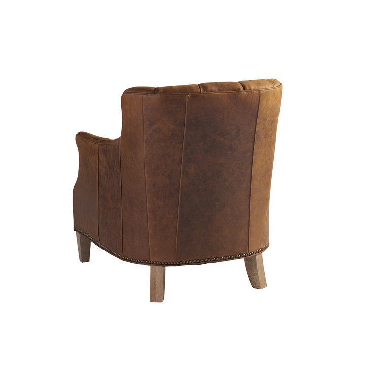 Transitional Knotty Oak & Leather Accent Chair in Brown and White