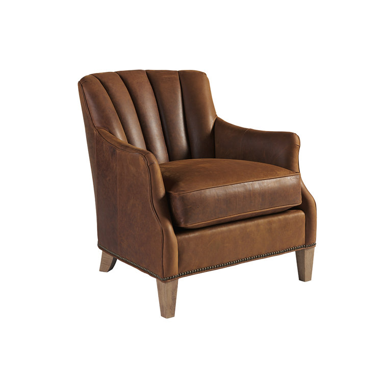 Transitional Knotty Oak & Leather Accent Chair in Brown and White