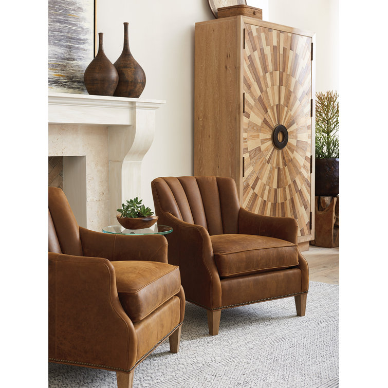 Transitional Knotty Oak & Leather Accent Chair in Brown and White