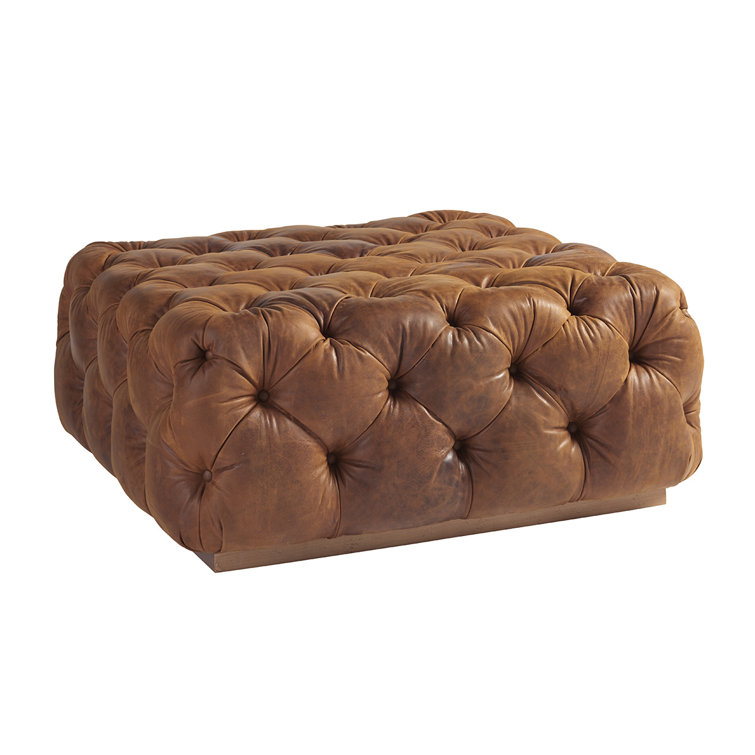 Traditional Brown Tufted Leather Cocktail Ottoman