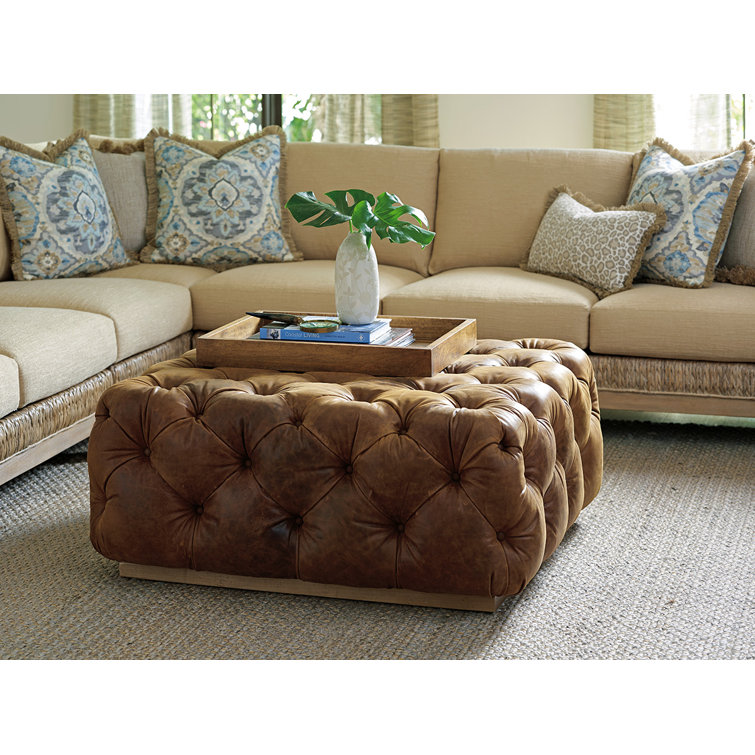 Traditional Brown Tufted Leather Cocktail Ottoman