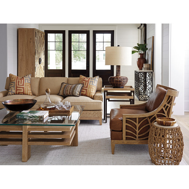 Beige Round Woven Wood and Stone Accent Table