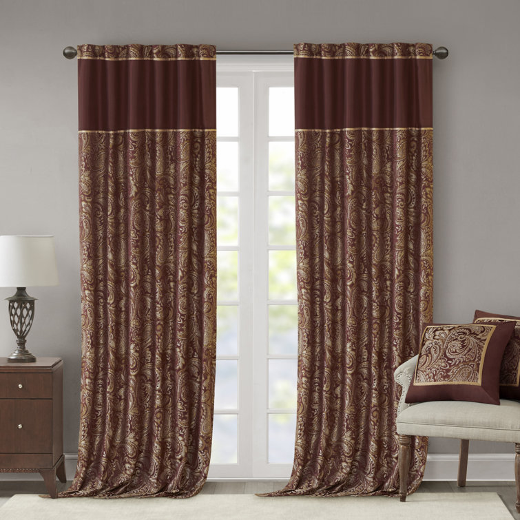 Burgundy Faux Silk Jacquard Light-Filtering Curtain Panel Pair