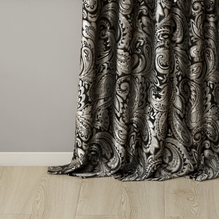 Navy Faux Silk Paisley Jacquard Curtain Panel Pair