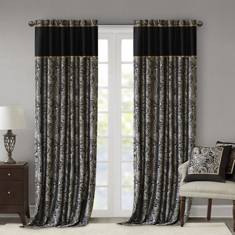 Black Faux Silk Jacquard Light-Filtering Curtain Panel Pair