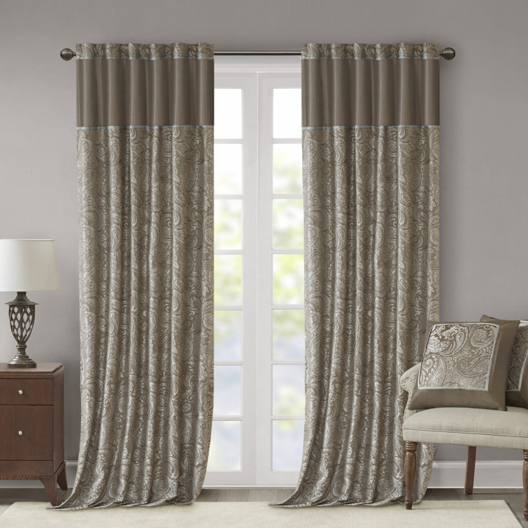Extended Blue Faux Silk Jacquard Drapes with Trim