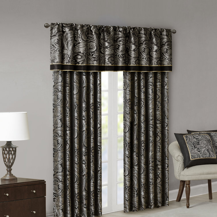 Black Faux Silk Jacquard Light-Filtering Curtain Panel Pair