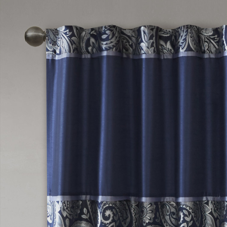 Navy Faux Silk Jacquard 108" Light-Filtering Curtain Panel Pair