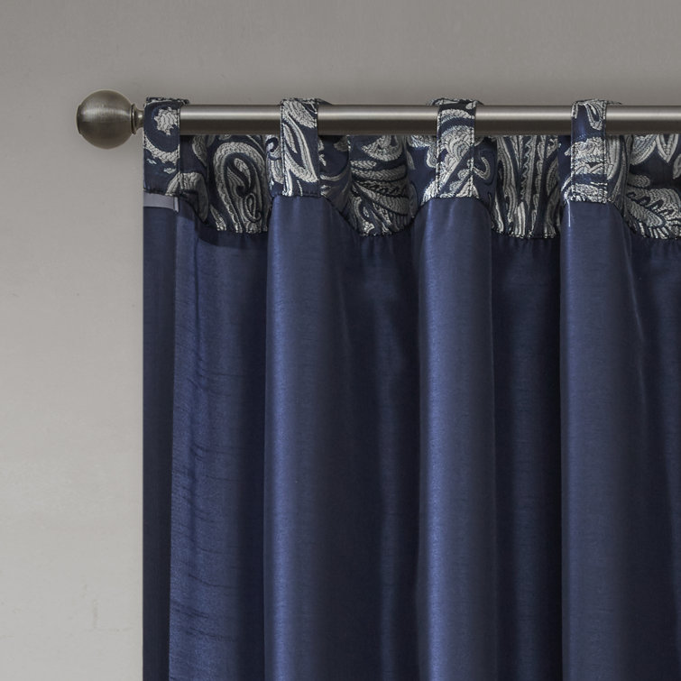 Navy Faux Silk Jacquard 108" Light-Filtering Curtain Panel Pair