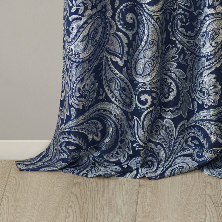 Navy Faux Silk Paisley Jacquard Curtain Panel Pair