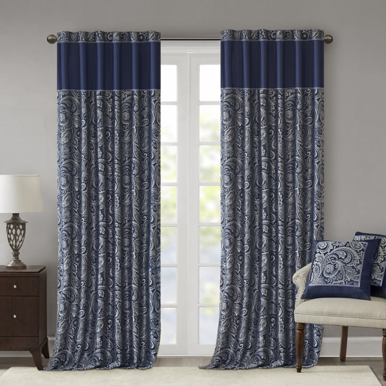 Navy Faux Silk Paisley Jacquard Curtain Panel Pair