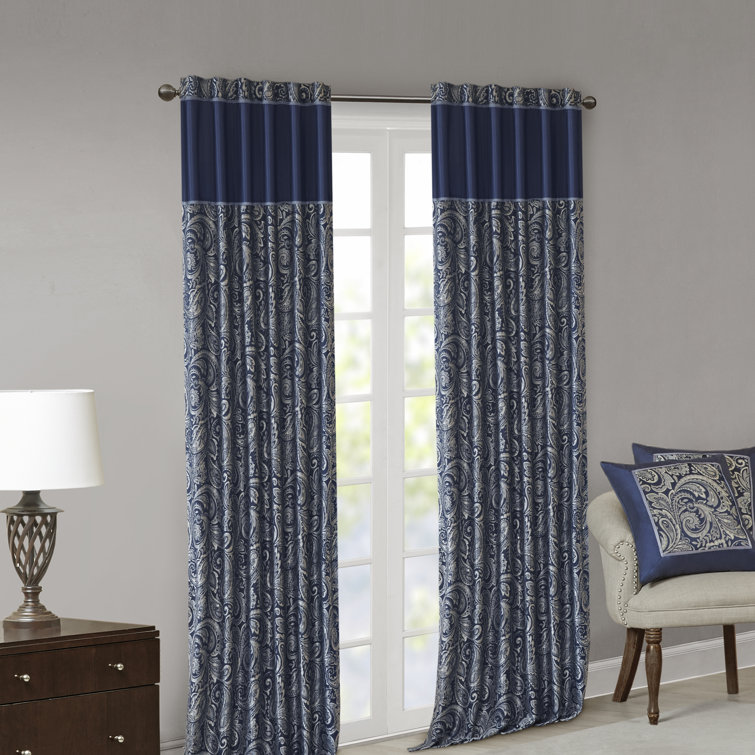 Navy Faux Silk Paisley Jacquard Curtain Panel Pair