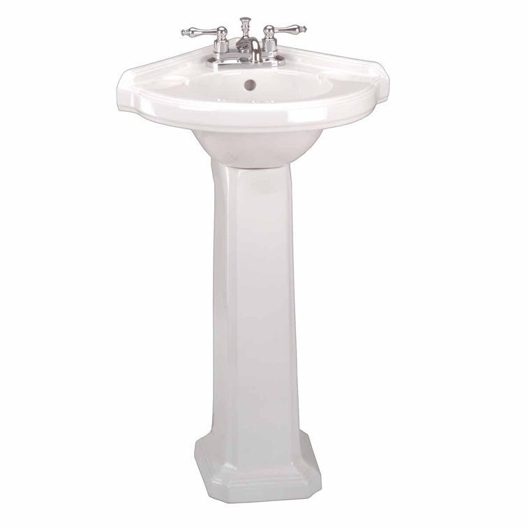 White Ceramic Corner Pedestal Bathroom Sink with Overflow