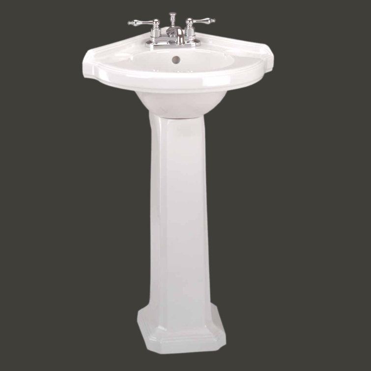 White Ceramic Corner Pedestal Bathroom Sink with Overflow