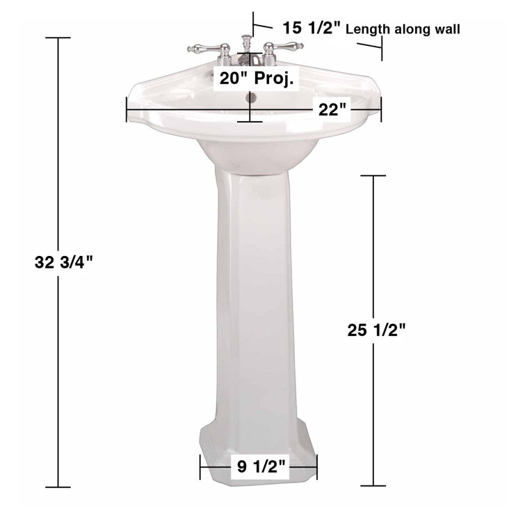 White Ceramic Corner Pedestal Bathroom Sink with Overflow