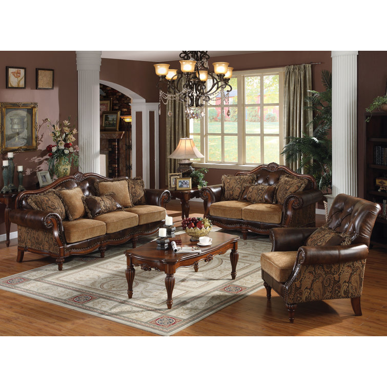 Elegant 95'' Two-Tone Brown Faux Leather & Chenille Sofa with Nailhead Trim