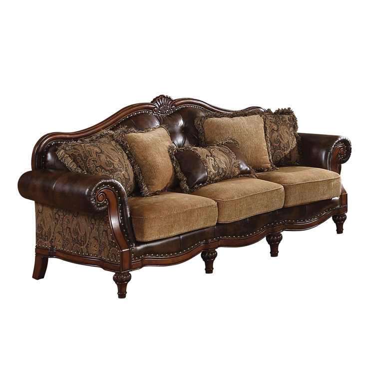 Elegant 95'' Two-Tone Brown Faux Leather & Chenille Sofa with Nailhead Trim