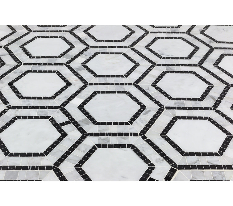 Carrara White and Black Marble Hexagon Mosaic Tile